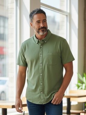 George Olive Button-Down Short Sleeve Shirt